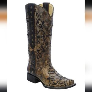 Corral Distressed Bone Embroidered Leather Studded Boots